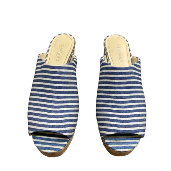Charles David Shoes - Charles By Charles David Women's Blue and White Striped Cork Heels Size 10 M
